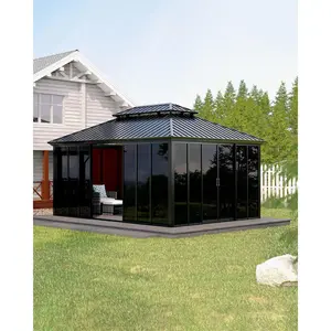 Modern 12x16 ft Hardtop Gazebo Sunroom, Enclosed All-Aluminum Alloy Frame Gazebo with Floor-to-Ceiling Sliding Doors, Screen Outdoor Solarium for Backyard, Patio