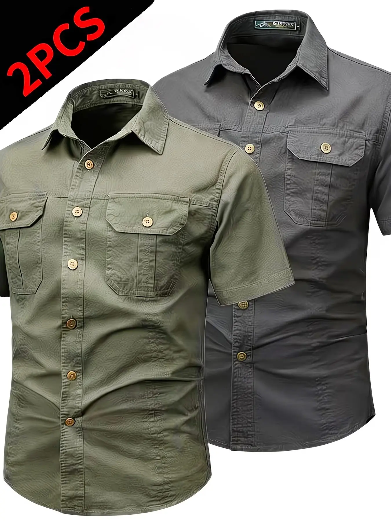 Men's 2-Pack Plain Collared Button Front Shirts, Summer Classic Casual Button Down Workwear, Multi-Pocket Trendy Outdoor Slim Fit Breathable Short Sleeve Shirts, Casual Buttons Collared, Menswear, Casual Stylish Clothing