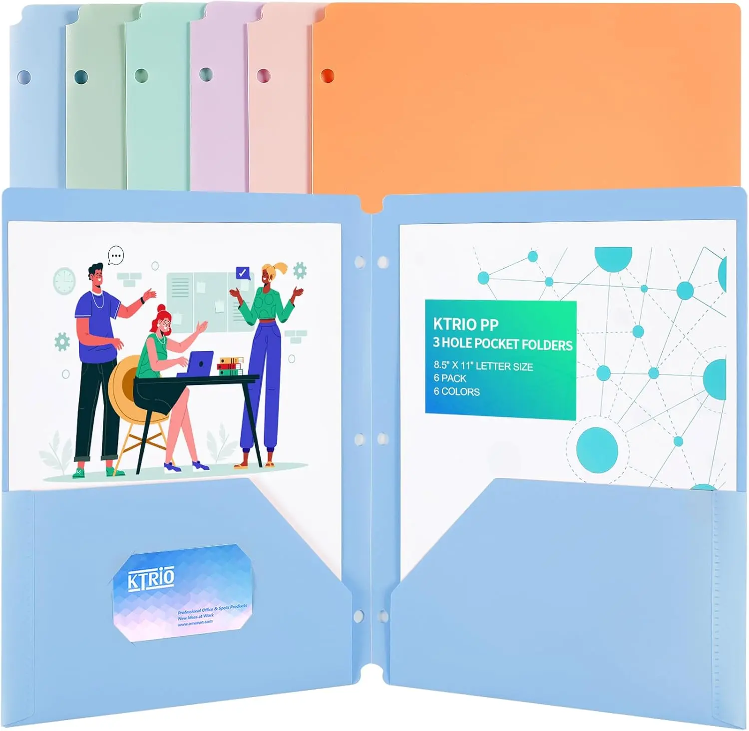 KTRIO 6-Pack 3-Hole Binder Folders File Holder - Letter Size 3-Ring Inserts, Pockets, Business Card Slot, Office Paper Organizer, Durable & Reusable, Easy to Clean, Over 100 Pages Capacity, Anti-Dust for Office Use, Plastic Folders