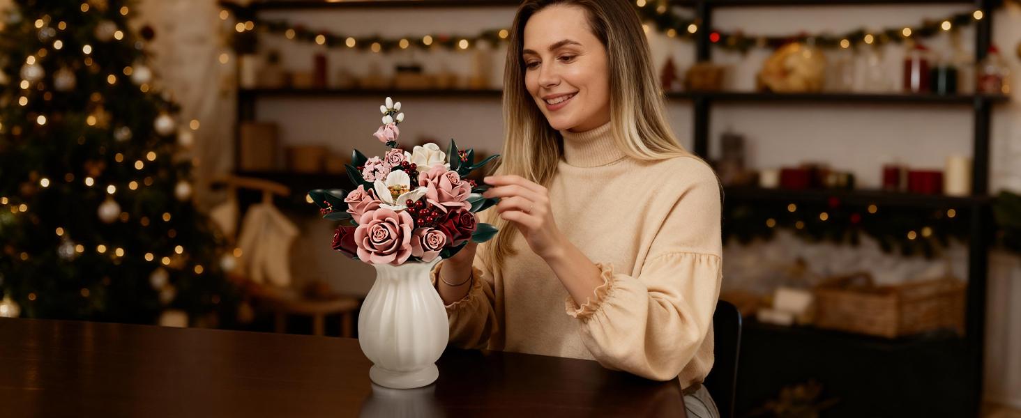 Supreowls Elegant Pink Rose Flower Building Set, Artificial Flowers Botanical Collection Kit for Adults Women & Men – Mother's Day Gift, Valentines Day Gift, Home Room Office Shelf Centerpieces Decor
