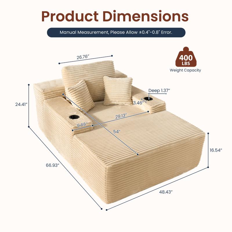 XIZZI 67 " Oversized Upholstered Sofa Bed with Cup Holders & Fluffy Plush Faux Fur Cloud Design for Living Room, Comfort Boneless love chair modern, lazy sofa bed, Lovesac Deep Seat, No assembly required