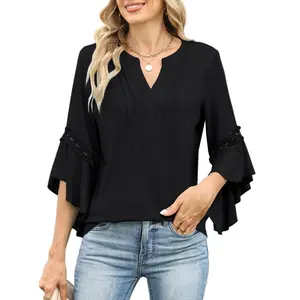 VIMPUNEC 3/4 Bell Sleeve Lace Crochet Womens Blouse Elegant Pintuck V Neck Dressy Casual Tops Summer Lightweight Knit Business Shirts