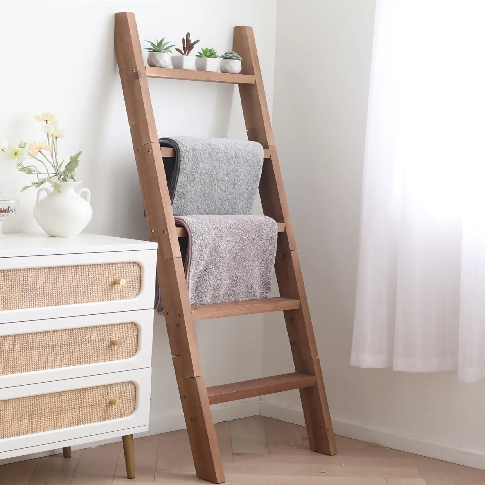 Multifunctional Storage Rack Solid Wood Ladder Farmhouse Country Style Wooden Blanket Ladder Wall Reclining Blanket Quilt Towel Kitchenware Christmas Ribbon Cabinet Display Decoration Hanger Bathroom Living Room Kitchen Bedroom Daily Home Holiday Gift