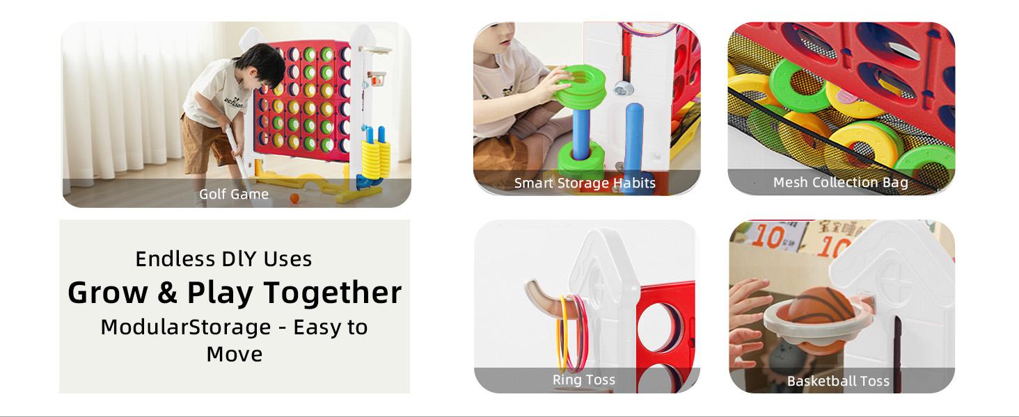 Height Adjustable 3-in-1 Giant 4 in a Row Connect Game,Basketball Hoop, Ring Toss Game, 4-to-Score Game,Jumbo 4-to-Score Game, Indoor Outdoor Yard Game Party Game for Kids Adults and Family, coordination