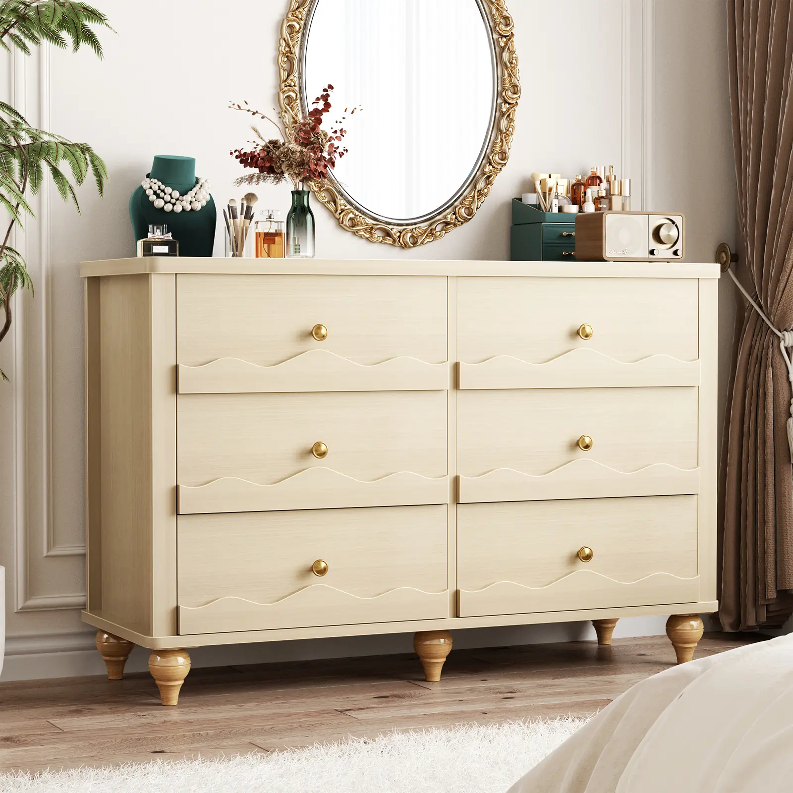 Cyclysio Wave-Inspired 6-Drawer Chest Drawer - 43in Horizontal Modern Storage Cabinets, Scalloped Fronts, Anti-Tip Safe, Low Maintenance, Space-Saving Bedroom Nightstand Storage