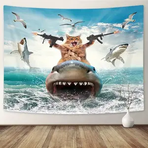 Quirky cat riding shark pattern tapestry, fun Lightweight Decoration wall decoration, dopamine art tapestry, suitable for living room, bedroom, university dormitory, trippy room decor creative gift Hanging，bedroom decorative accessories