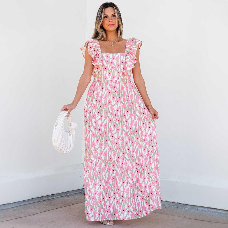 Pink Floral Print Square Neck Ruffled Strap Maxi Dress
