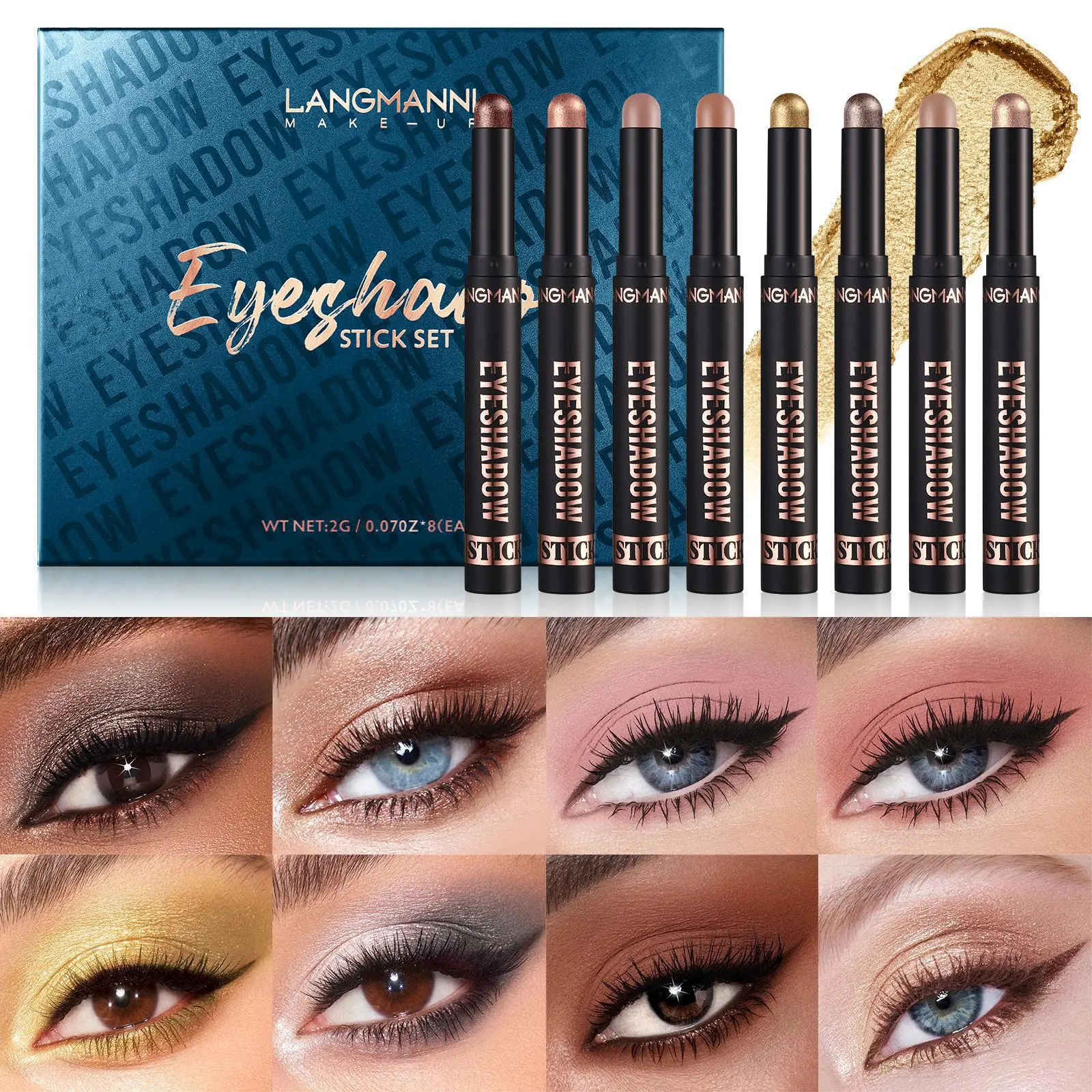 8-Color Eyeshadow Stick Multi-Pack, Long-Lasting Waterproof Cream Crayons with Matte & Shimmer Finishes, Compact 2g Travel Size Set for a Bling Effect, Eye Shimmer, Adults, Buildable, Alcohol Free, Contains Neither, Holidays, Regular Edition