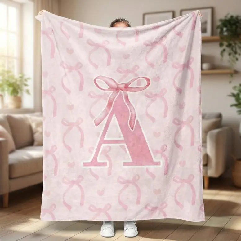 Personalized Pink Ribbon Alphabet Baby Throw - Custom A-E Embroidered Name, Ultra-Soft Flannel, Coquette Bow Design, Cherished Keepsake for Newborns, Baby Stuff for Girl Gift, Personalized Blankets, Bow Blankets