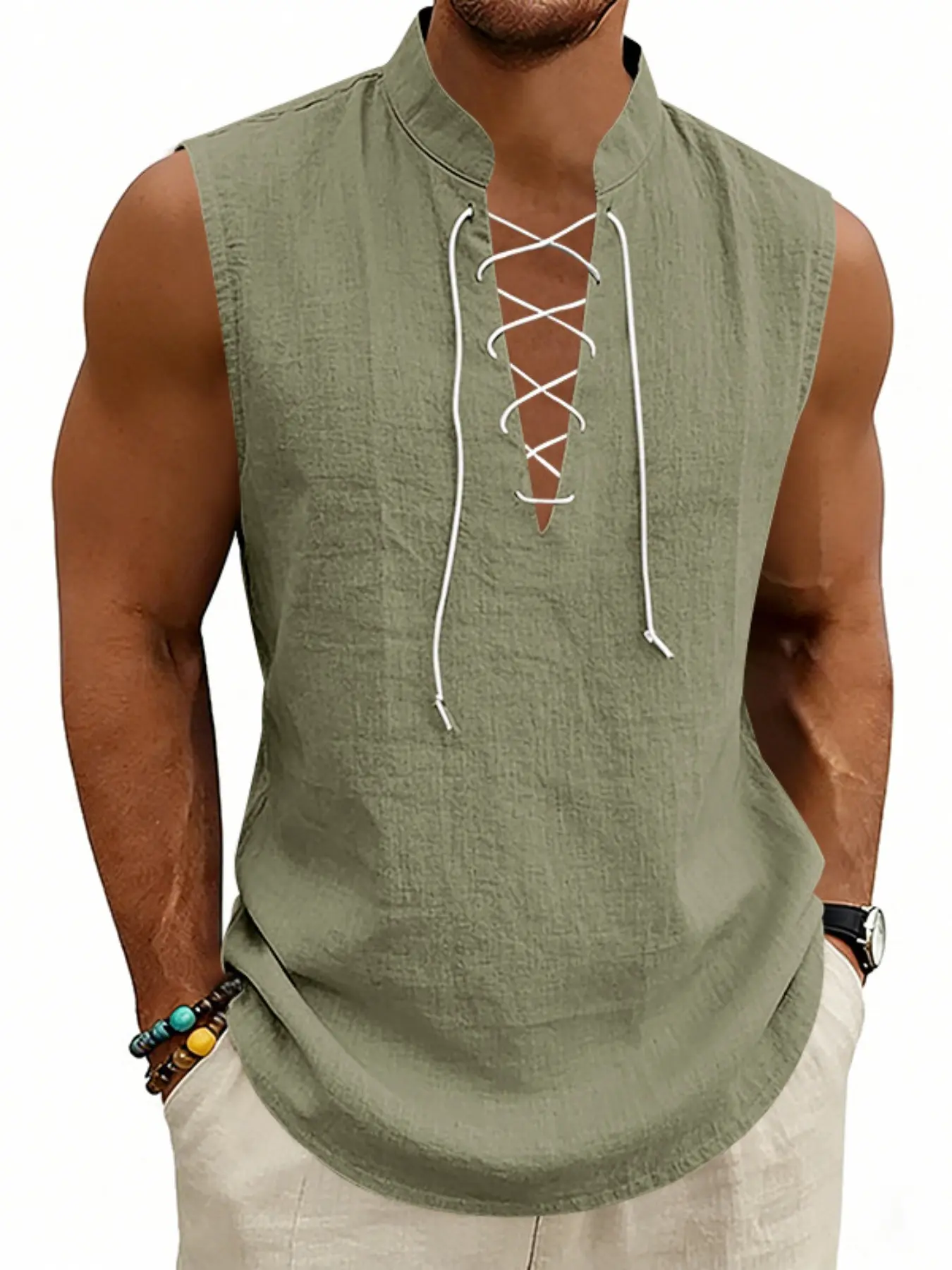 2026 Summer Men's Viking Medieval Drawstring Linen Vest, Loose Fit, Breathable, Sleeveless, Casual Style, Plain Pattern, No Collar, No Zipper