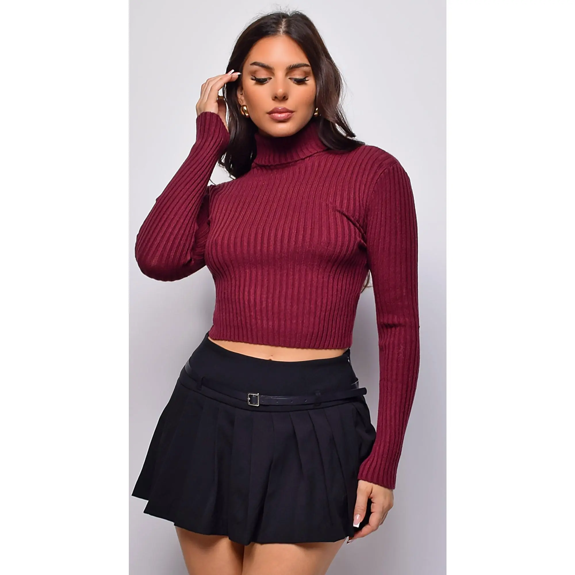 Astraia Basic Turtle Neck Crop Ribbed Sweater Top - Burgundy