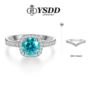 【#98 Buy 1 Get 1 V Band】Synthetic Moissanite Engagement Ring for Women, 1CT Neon Blue Color VVS1 Clarity, 925 Sterling Silver Synthetic Moissanite Wedding Band, Ideal Gift for Women