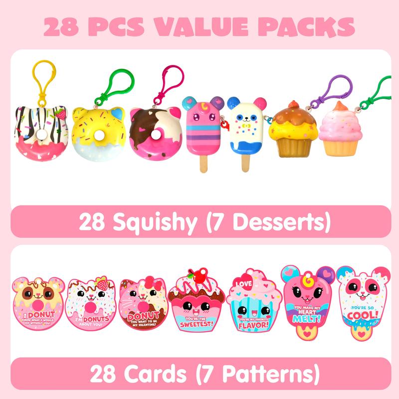 28Pcs&30pcs Dessert Squishy Toys Keychains with Kids Valentines Cards for Classroom Exchange Gifts 2025 Valentine Exchange Cards  Various decorations are available for selection.