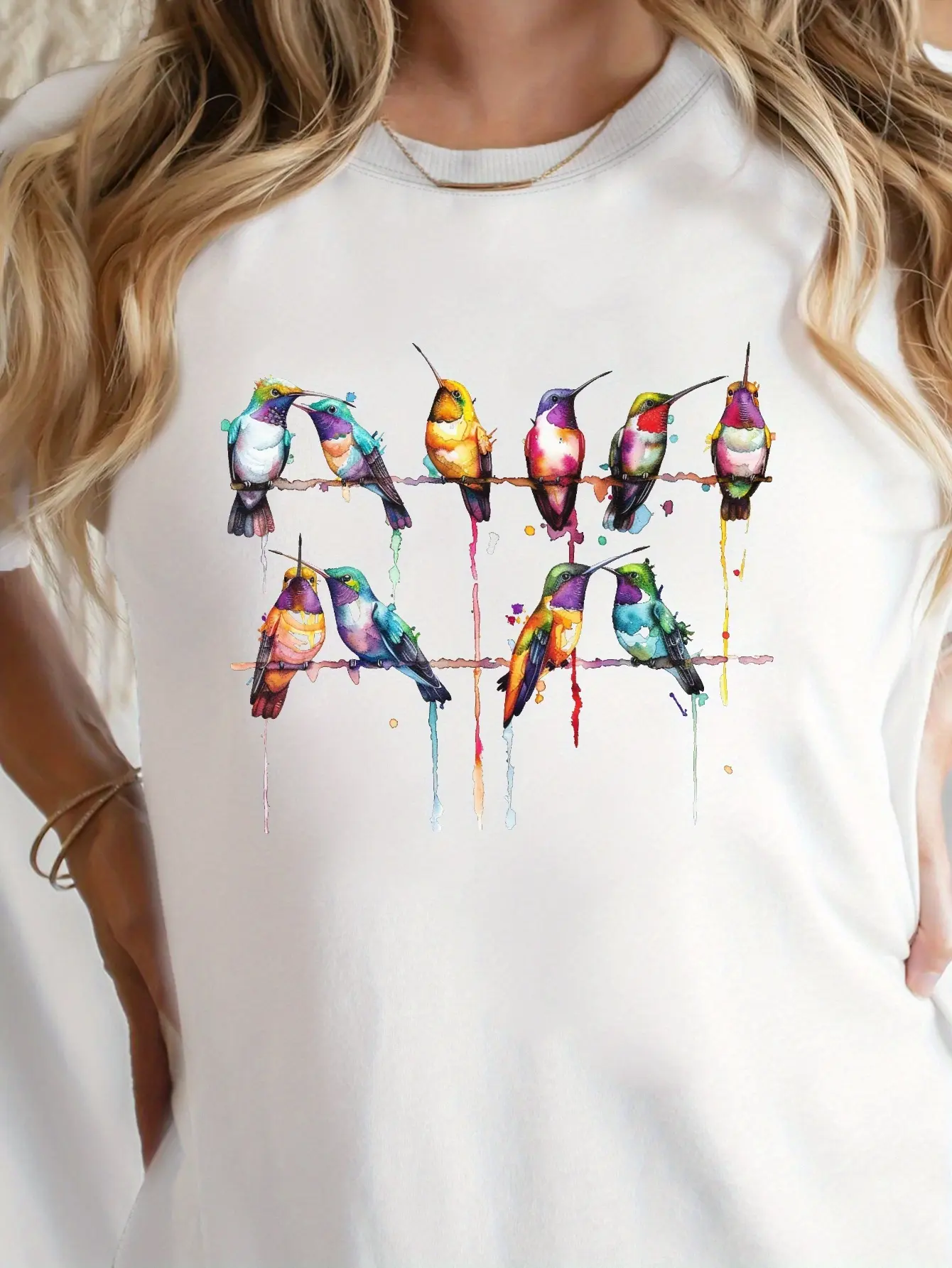 Women's T-Shirt |   Vibrant Watercolor Hummingbirds Design |   Round Neck, Regular Fit |   Multi-Color Geometric Pattern |   All-Season Comfort |   Machine Washable |   Casual Style, Casual Wear |   Vibrant Casualwear |   Pure Fabric, Ladies T-Shirts