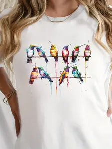 Women's T-Shirt |   Vibrant Watercolor Hummingbirds Design |   Round Neck, Regular Fit |   Multi-Color Geometric Pattern |   All-Season Comfort |   Machine Washable |   Casual Style, Casual Wear |   Vibrant Casualwear |   Pure Fabric, Ladies T-Shirts