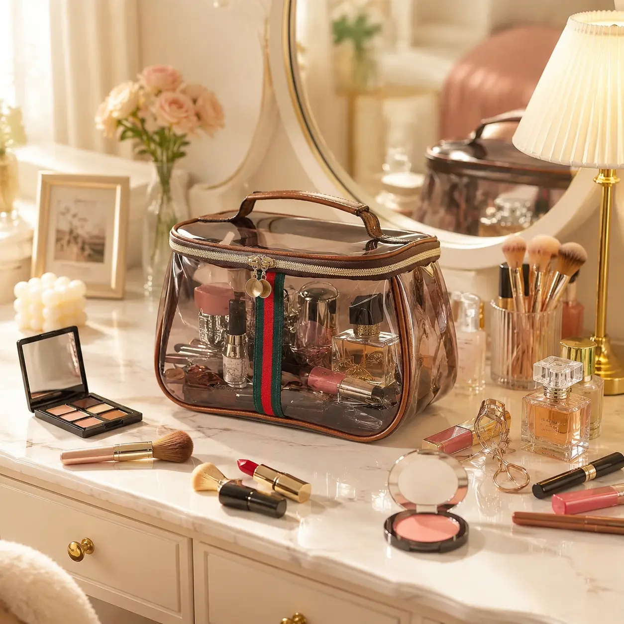 3-Piece Vintage Waterproof Transparent Makeup Bag - High-Capacity Retro Vanity Toiletry Bag with Wide Handheld Design for Easy Handling, Stylish Travel Cosmetic Storage Organizer for Women (Handheld Cosmetic Pouch Set), Travel Cosmetic Bags