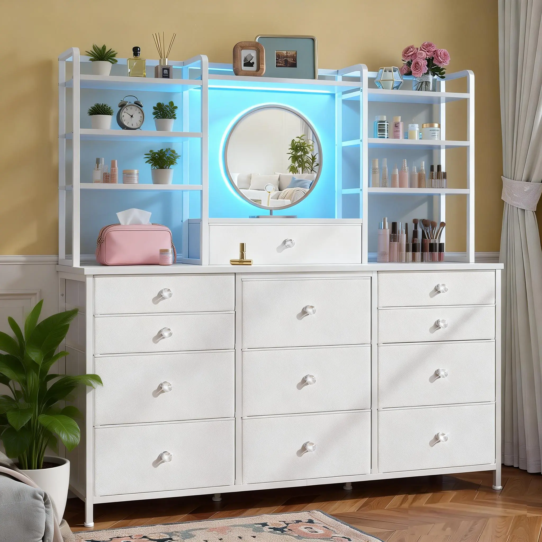 【No Mirror】Raybee Dresser for Bedroom with 12 Drawers & LED Lights, Stylish Fabric Dresser Chest of Drawers with Open Shelves& Crystal Handles, Vanity Storage Organizer Unit, Metal Frame & Wooden Shelf for Entryway, Closet, Living Room #Backtoschool