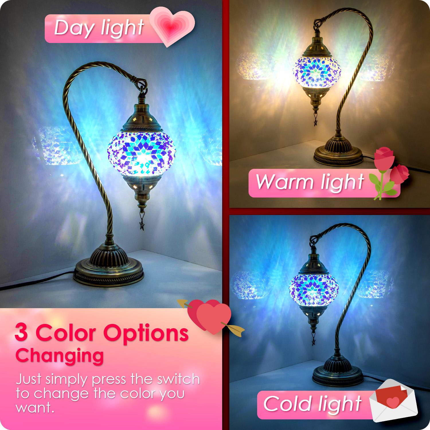 Yarra-Decor Turkish Moroccan Lamp with Bronze Base 3-Way Color Changing Handmade Swan Neck Tiffany Mosai c Glass Bedside Lamps for Bedroom (LED Bulb Included) (Colorful) Decorative Design Starry Sky Lights Mood Lighting neon signs  Valentine's Day gifts