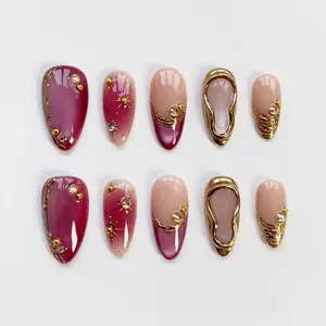 Aura Mulberry Cat Eye Press On Nails, 3D Gold Chrome Nail Set, Elegant Nail
