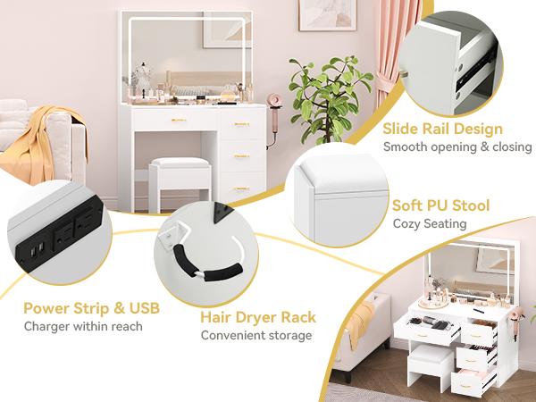 YITAHOME Makeup Vanity with Lighted Mirror, Vanity Desk with Power Strip, Adjustable Lighting, 4 Drawers, and Cushioned Stool for Bedroom, Dressing Room