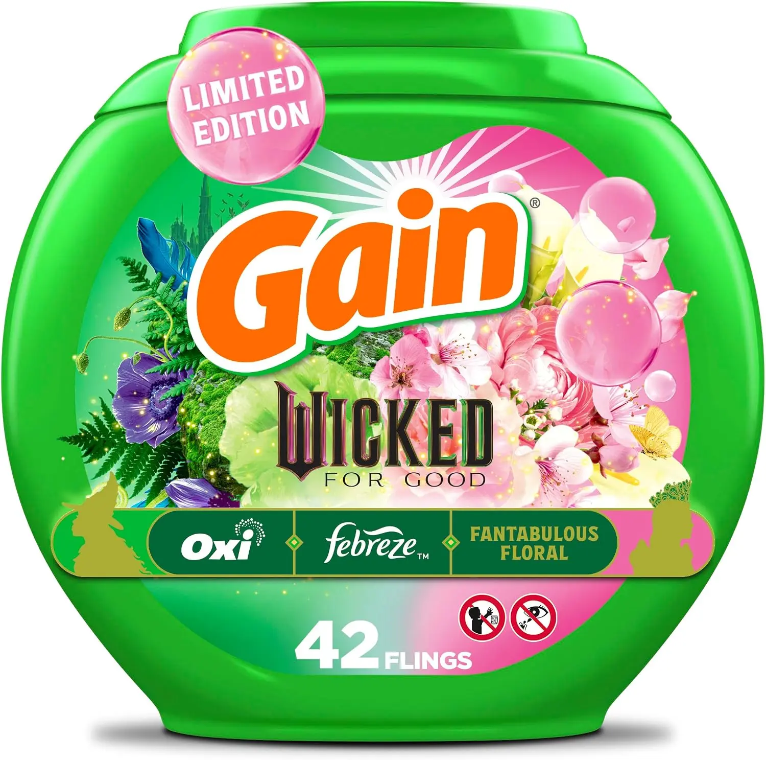 HE Laundry Detergent Pacs, Wicked: For Good Limited Edition, 42 Count, 3-in-1 Odor Fight Pods with Oxi Boost and Febreze, Fantabulous Floral Scent, He Compatible, Household Laundry Detergent