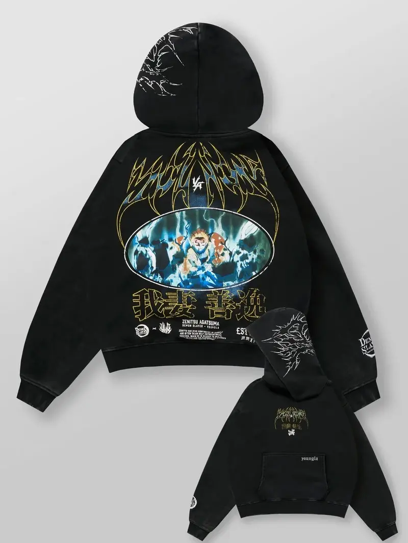 Youngla Demon Slayer Kimetsu no Yaiba Thunderclap and Flash Hoodie – Japanese Anime Manga Graphic Sweatshirt, Vintage Hip Hop Y2K Streetwear Pullover Hooded Top for Men Women, Casual Everyday Fashion, Fall Winter Gift