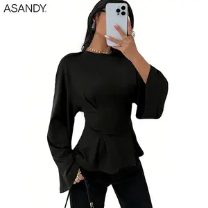 ASANDY Women's Casual Comfortable Balloon Long-Sleeve Crew Neck Blouse - Side Tie Waist Cinch for Flattering Silhouette, Women's Shirts