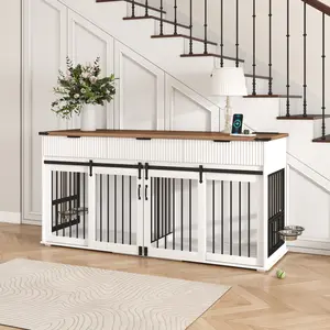 71'' Furniture Style Double Dog Crate with 3 Fluted Drawers and Waterproof Walnut Woodgrain Tabletop,Large Dog Kennel Furniture with Type-C Power Outlet & Rotating Feeders for Heavy Duty Dogs