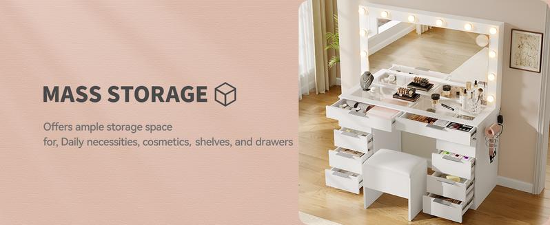 YITAHOME LED Vanity Desk Set with Large Mirror, 10 Drawers, 3-Color Lighting, Transparent Glass Top, Power Outlet, and Storage Bench for Makeup and Beauty