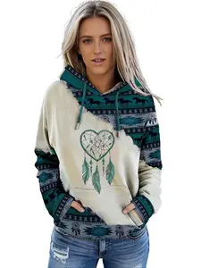 Women Hoodies - Women's Ethnic Pattern Heart Graphic Print Drawstring Hoodie, Casual Long Sleeve Drop Shoulder Hooded Sweatshirt, Ladies All Seasons Loose Fit Comfort Hoodie, Classic Ethnic Style Heart Print Pullover for Women All Occasions