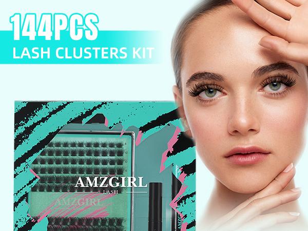 AMZGIRL LASH DIY Lash Extensions Kit 144pcs Midnight Waterproof Eyelashes Makeup Cosmetic Set with Bond Seal Remover Applicator