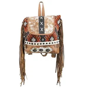 OHLAY American Luxury Man women Style Upcycled Wool Canvas Hair-On Genuine Leather Backpack Bag Western Handbag for Womens