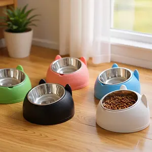 Elevated Stainless Steel Cat Bowl with Cute Ear Stand – Inclined Food & Water Dish for Cats