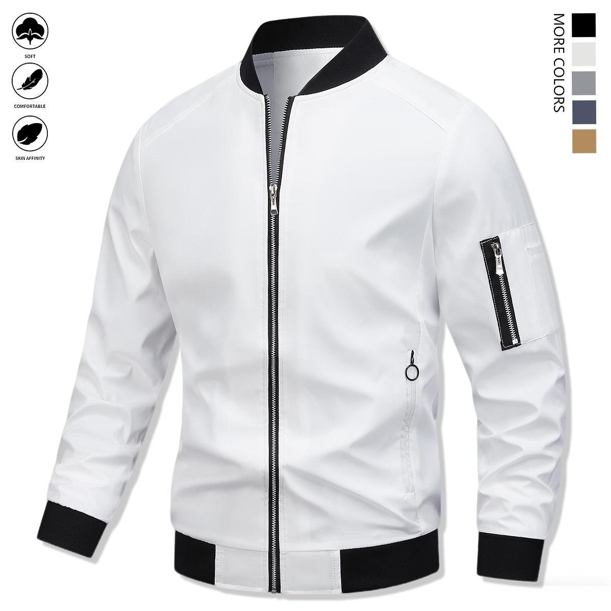 Men's casual spring-autumn lightweight windbreaker with zipper and multiple pockets, classic pilot jacket, using warm fabric, soft and comfortable, solid color collar, suitable for dates, running parties, gatherings, work and daily wear.