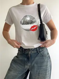 Kiss and Disco Baby Tee, Womens 90s Fit Tee, Concert Outfit, Y2K Clothing, Cool Tops For Her, Retro Mirrorball Party Outfit, Emoji Kiss Top