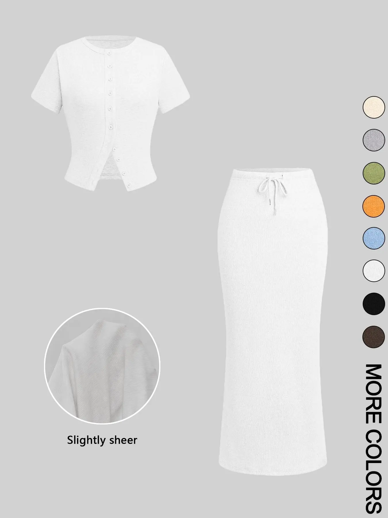 Women's Solid Round Neck Button Front Tee & Drawstring Split Hem Skirt Two-piece Set, Casual Basic Short Sleeve Top & Skirt for Everyday Wear, Ladies Two-piece Outfits for All Seasons, Matching Clothing Set Women, Casual Chic Set, Shirt Skirt Set