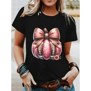 Women'S Casual Crew Neck T-Shirt with Applique Pumpkin Bow Design, 95% Polyester 5% Spandex Knit Fabric, Short Sleeve Summer & Spring Top, All Season Wear