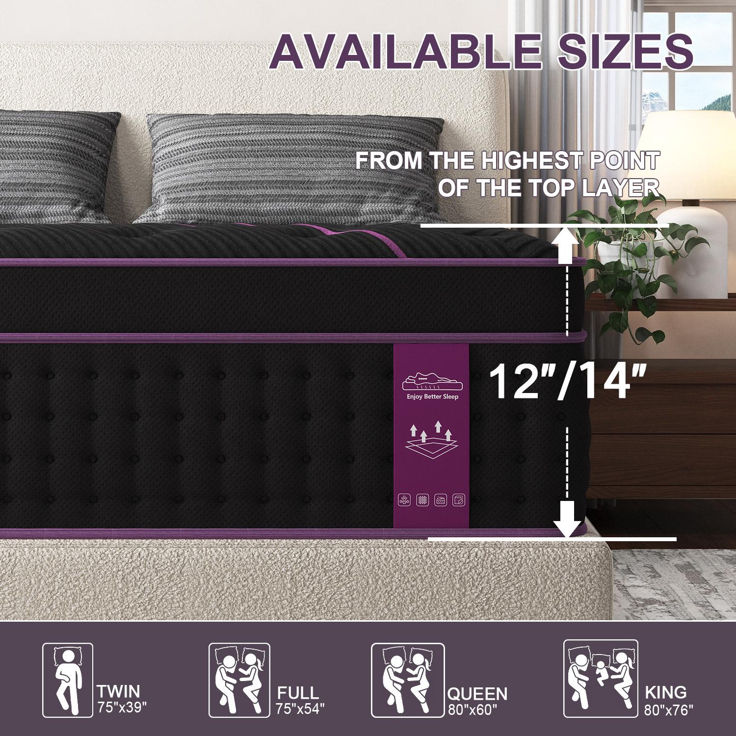 12/14 Inch Gel Memory Foam Mattress Hybrid Pocket Spring Twin Full Queen King Bed Mattress In A Box, Euro Top Medium Firm For Back & Lumbar Support, Individual Pocket Spring Bed For Motion Isolation & Fiberglass Free