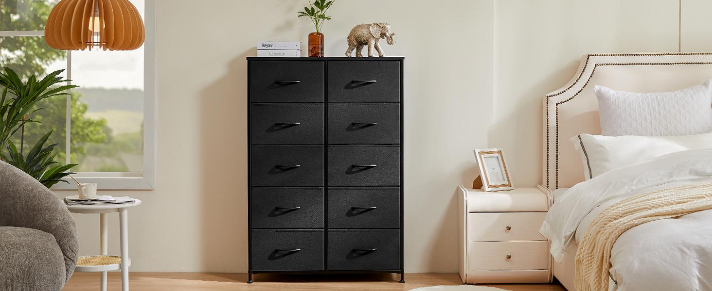 Sweet Furniture F Dresser - Fabric Storage Tower with 10 Drawers, Bedroom Drawer Dresser Organizer, Chest of Drawers with Fabric Bins, Steel Frame and Wood Top for Bedroom, Closet, Entryway Assembled