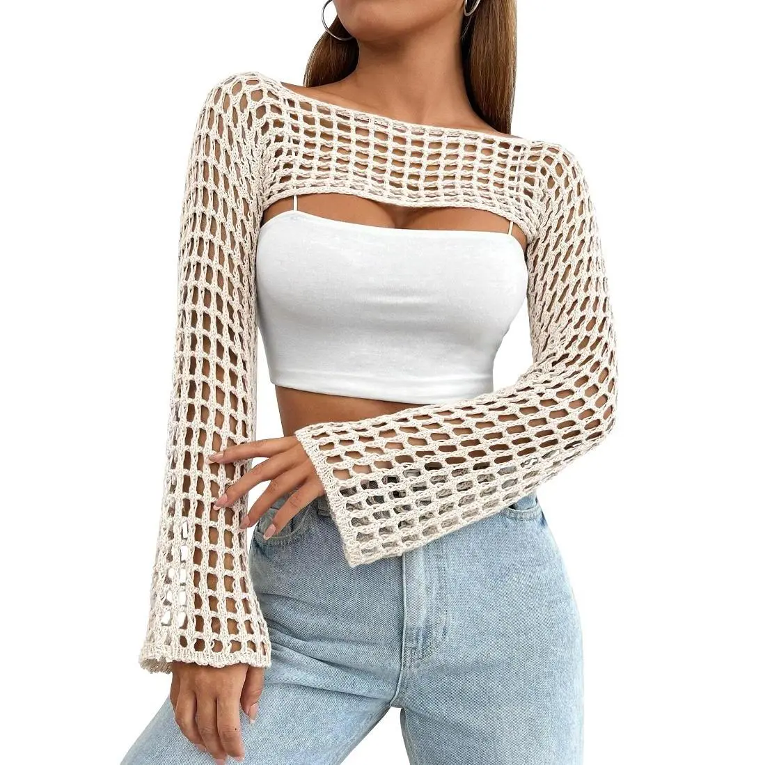 Crochet Beach Bikini Cover Up Tops Y2K Hollow Out Bolero Shrug See Through Cropped Knit Sweater Top Beach Coverup Swimsuit Cover Up