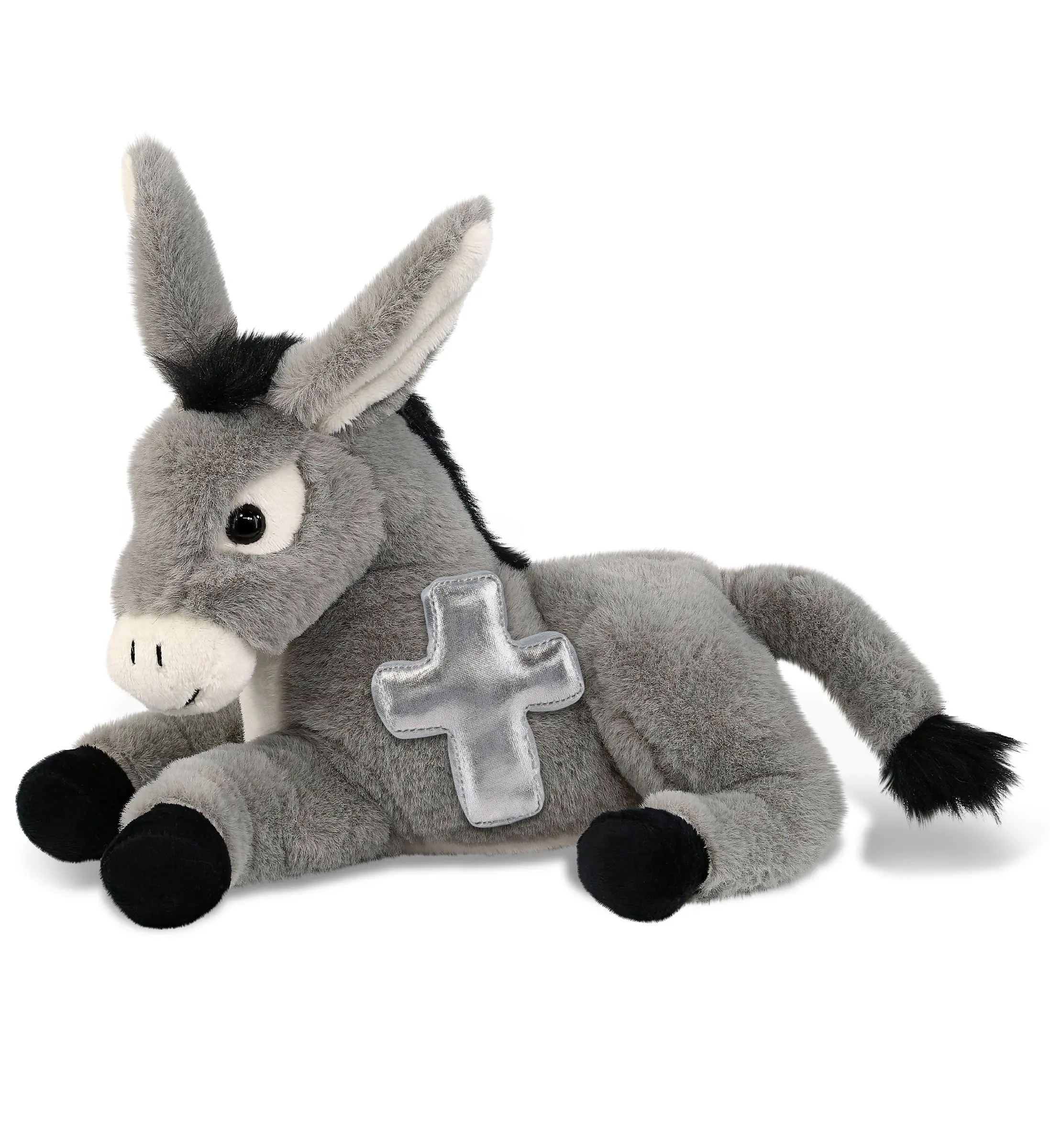 DOLLIBU 9" Laying Donkey Plush Stuffed Toy - Super-Soft Polyester Fluffy Stuffed Toy, Soft Filling, Metallic Cross Religious Symbol, Plush Stuffed Toys, Fluffy Stuffed Toys