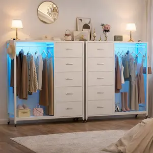 Unikito Dresser for Bedroom with Clothes Rack, 5 Drawers Dresser with Charging Station & LED Lights, Tall Storage Chest of Drawers, Wooden Top, Bedroom, Closet, Black