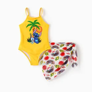 Disney Stitch & Scrump Girls 2-Piece Swimsuit Set Yellow Tropical Print One Piece Swimsuit & Mesh Cover Up Skirt Official Lilo & Stitch Swimwear for Toddlers & Little Girls SXT250900020