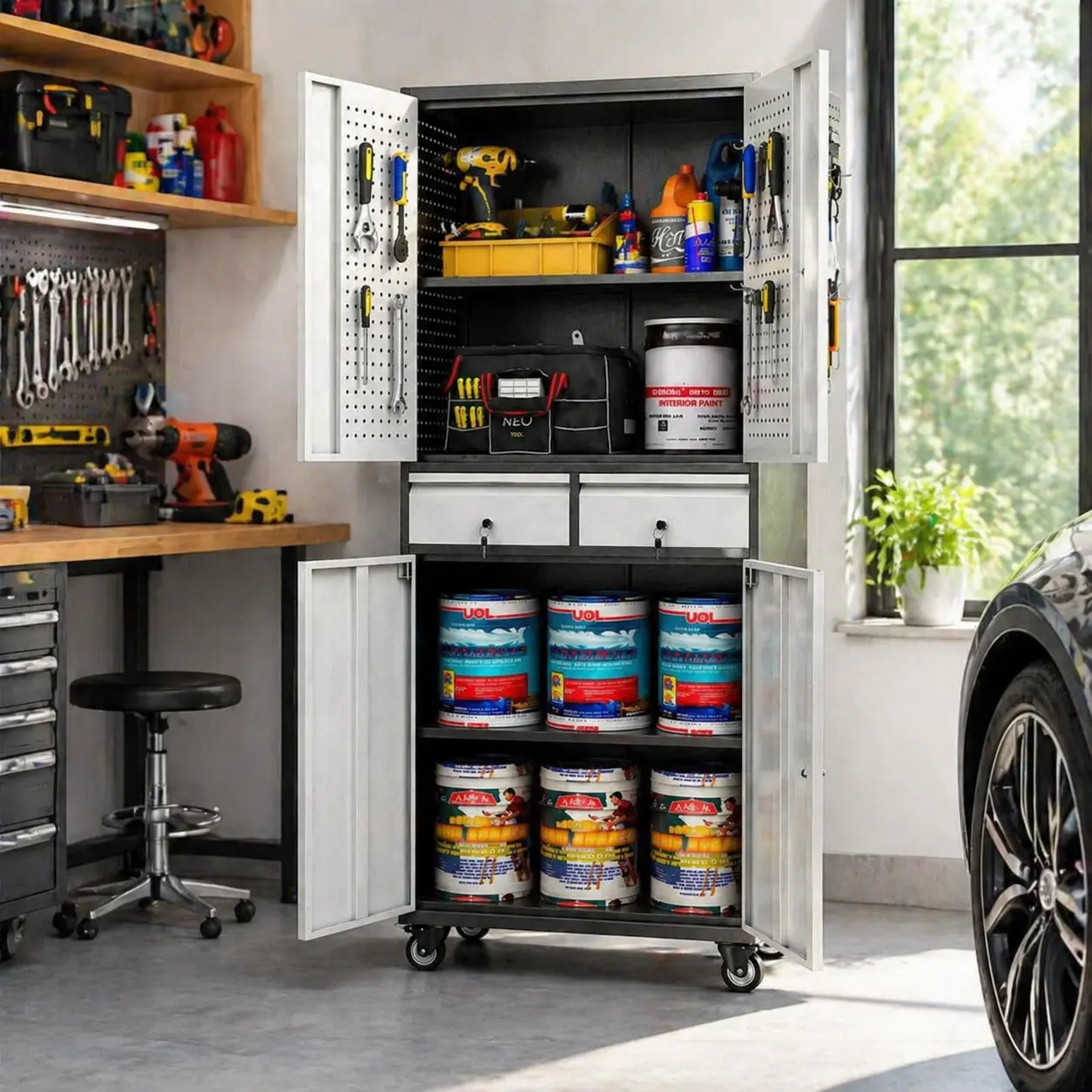 Aobabo Lockable Rolling Metal Tool Storage Cabinet - Heavy Duty Freestanding Portable Cabinet Lock Dual Drawer Compartments Cupboard, Garage/Workshop/Home Organizer with Wheels (Assembly Required) - Mother’s Day Gift, Freestanding Portable Cabinets sohoch