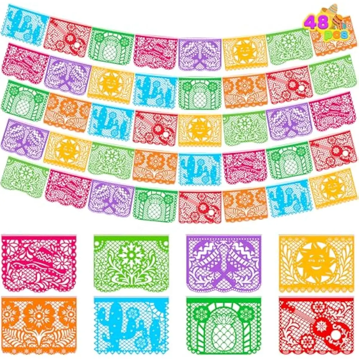 Mexican 108 Feet Party Banners, 6 pcs Plastic Fiesta Papel Picado with 8 Multicolor Plastic Flags per Banner Cinco de Mayo Decor Day of The Dead Decorations, Fiesta Garland for Mexican Party Supplies