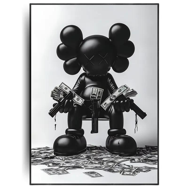"Gun-Money" poster, a poster of trendy toys,  a printable wall art piece of figurines, in a minimalist trendy decoration style, a gift for the boyfriend, and an aesthetic poster for the room.