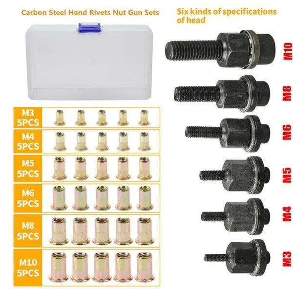 Rivet Nut Tool Kit, 150pcs SAE/Metric Rivet Nut Assortment Kit , w Galvanized Carbon Steel Flat Head Threaded Insert Nuts ( 150pcs) ,Threaded Insert Nut Set, M3/M4/M5/M6/M8 Threaded Nut Set, Stainless Steel Rivet Nut Assortment Kit toolupgrade Tool