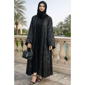 Elegant Black Open-Front Jacquard Abaya with Matching Hijab and Sleeveless Inner Dress