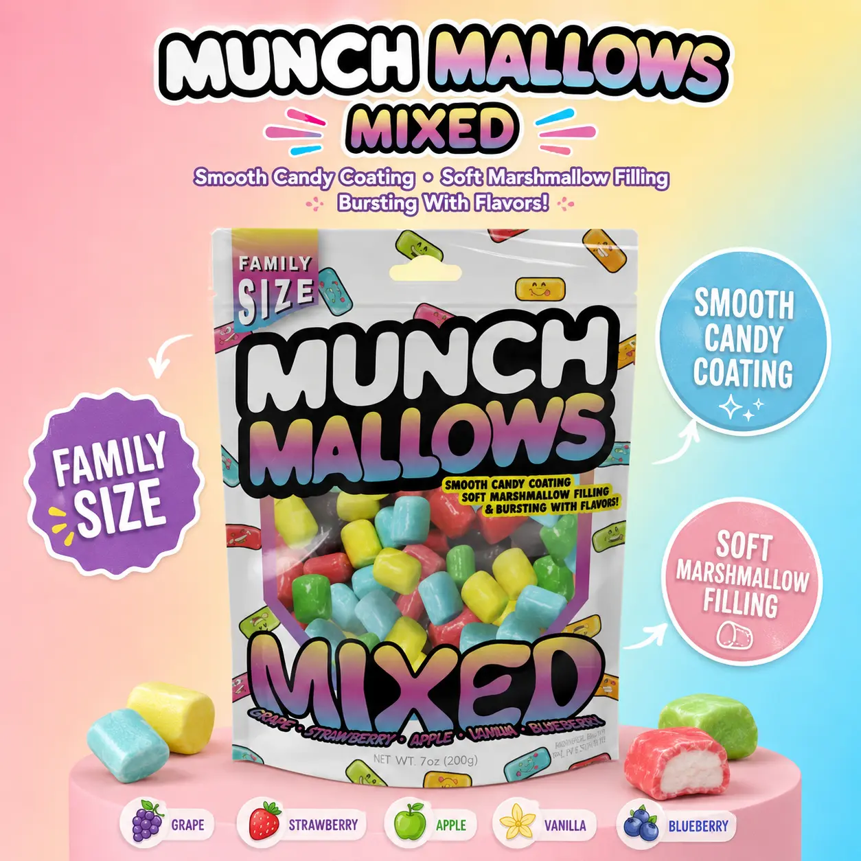 Viral Munch Mallows Bite-Sized Marshmallow Candy Snack - Mixed Flavors (Strawberry, Orange, Blueberry, Grape) - Crispy Marshmallows, Dessert Treats, Novelty Candy, Pick and Mix Party Favors
