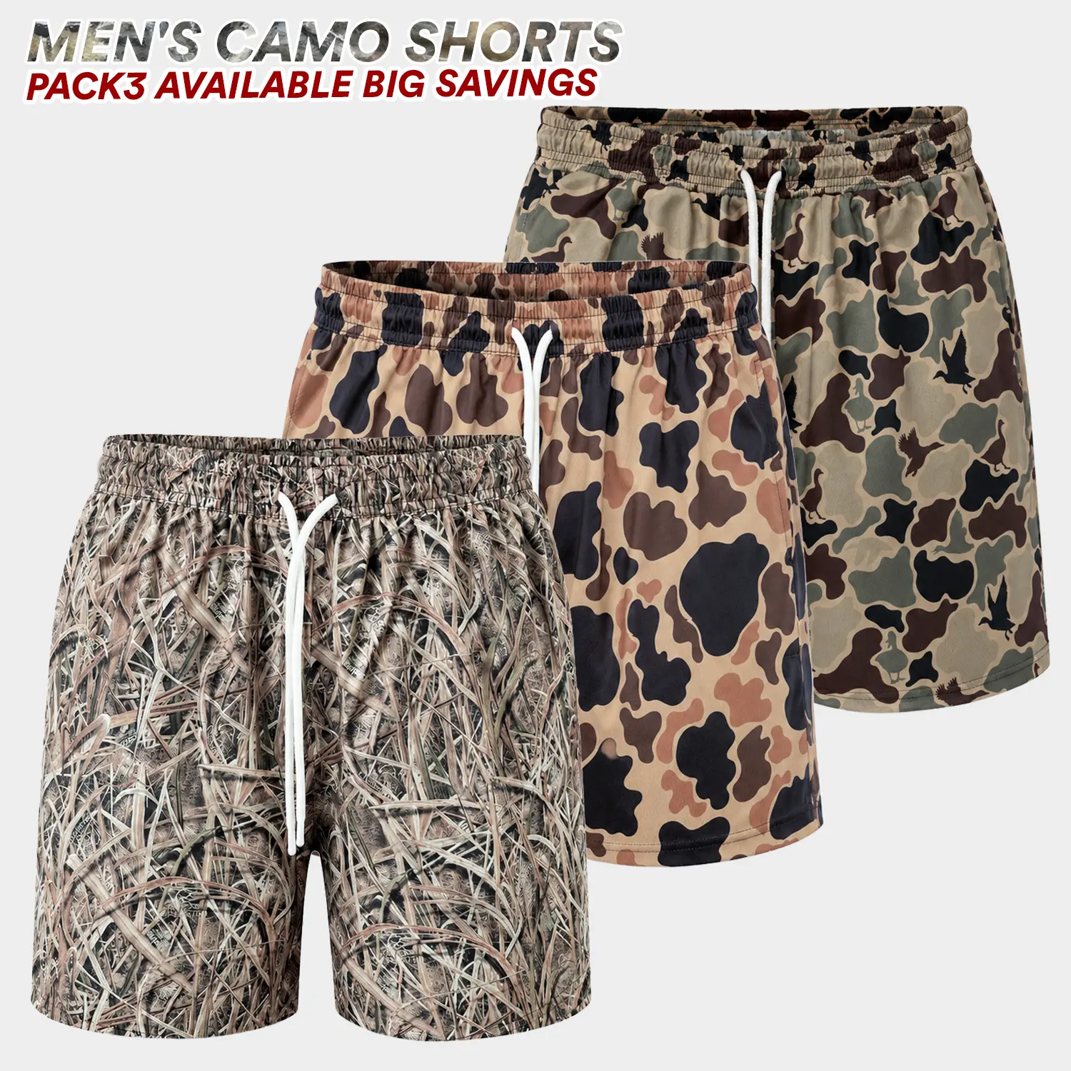 Male Men’s Duck Hunting Camo Shorts, 5-Inch Inseam, Soft Breathable Quick-Dry Athletic Gym Shorts, 1-Pack or 3-Pack Options, Men’s Shorts